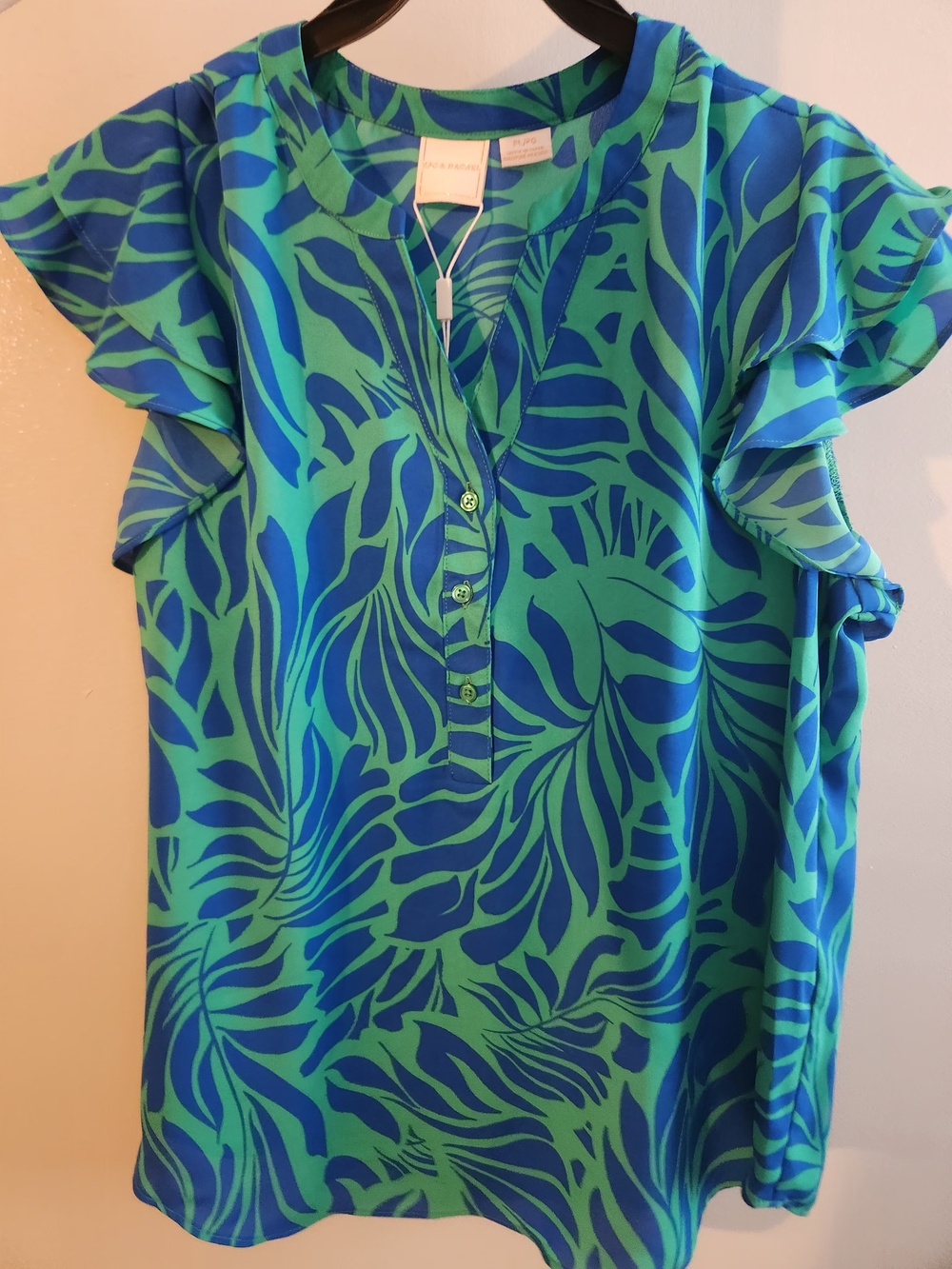 Zac & Rachel Ruffle-Sleeve Blouse in Teal & Blue. Petite Large. NWT.